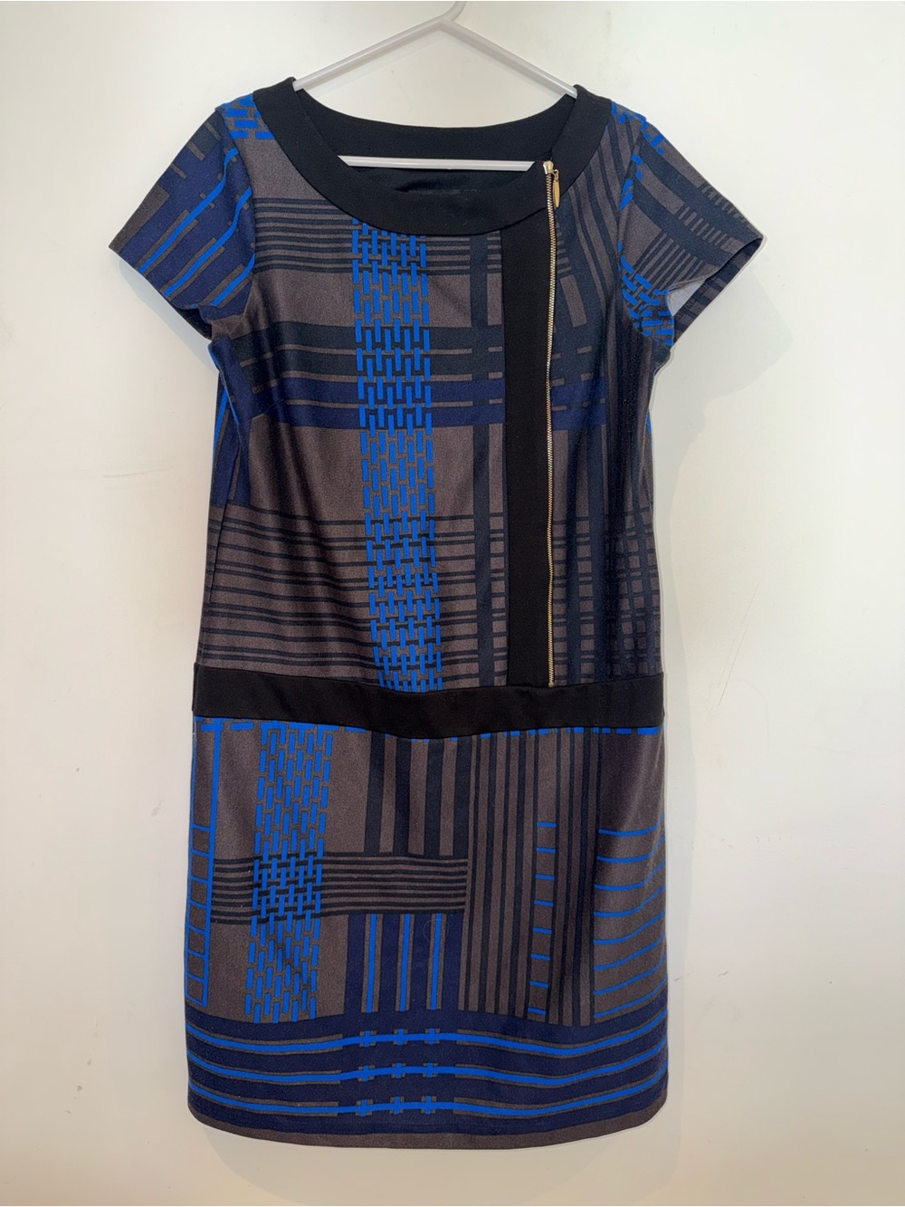 Ellen Tracy Blue and Black Geometric Sheath Dress